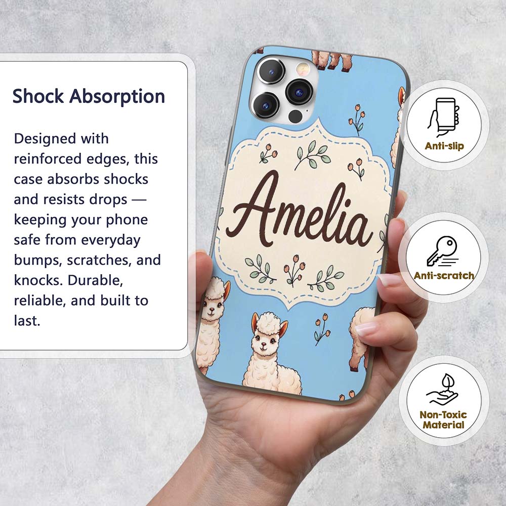 Cute Alpaca Llama Farm Animals Floral Seamless Custom Name Protective Phone Case Mobile Cover Durable Everyday Smartphone Shock Resistant