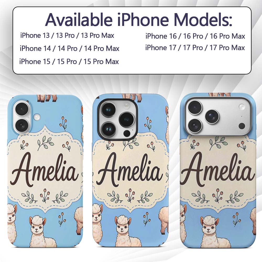 Cute Alpaca Llama Farm Animals Floral Seamless Custom Name Protective Phone Case Mobile Cover Durable Everyday Smartphone Shock Resistant