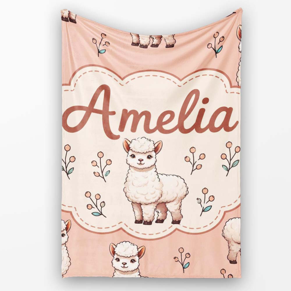 Cute Alpaca Llama Farm Animals Floral Seamless Pattern Peach Lovely Personalised Custom Name Super Soft Fleece Blanket Bed Sofa Throw