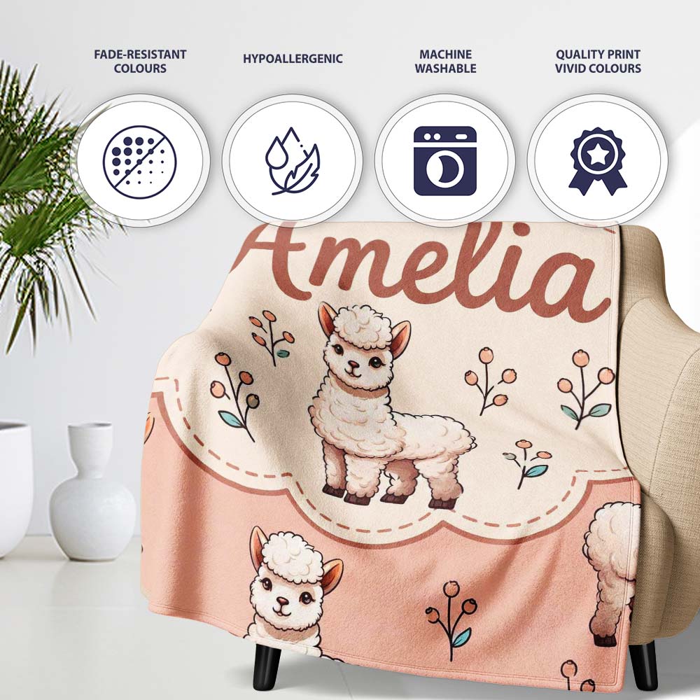 Cute Alpaca Llama Farm Animals Floral Seamless Pattern Peach Lovely Personalised Custom Name Super Soft Fleece Blanket Bed Sofa Throw