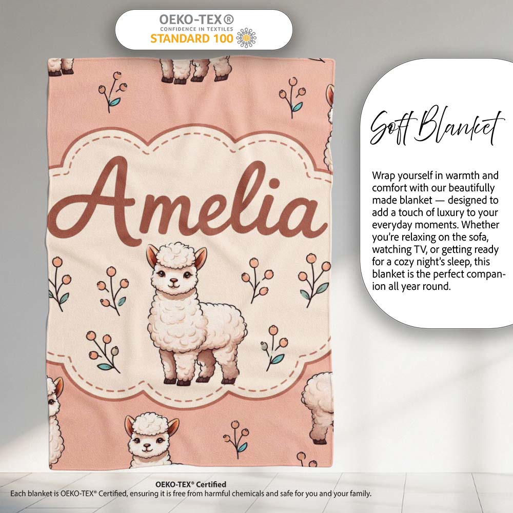 Cute Alpaca Llama Farm Animals Floral Seamless Pattern Peach Lovely Personalised Custom Name Super Soft Fleece Blanket Bed Sofa Throw