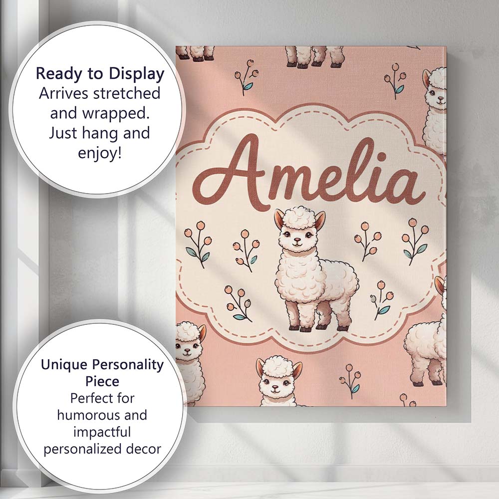 Personalised Name Cute Alpaca Llama Farm Custom Unique Gift Idea Elegant Feature Canvas Wall Art Print Decor Picture Ready to Hang