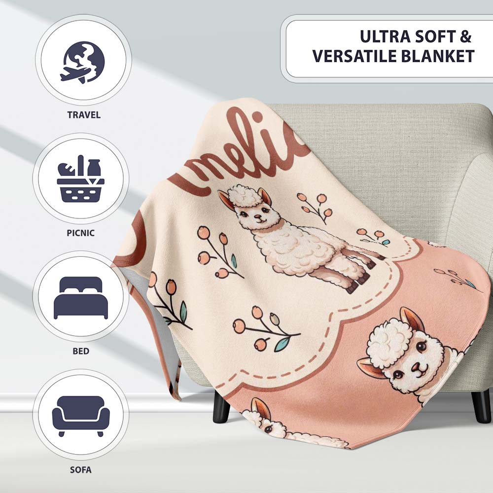 Cute Alpaca Llama Farm Animals Floral Seamless Pattern Peach Lovely Personalised Custom Name Super Soft Fleece Blanket Bed Sofa Throw