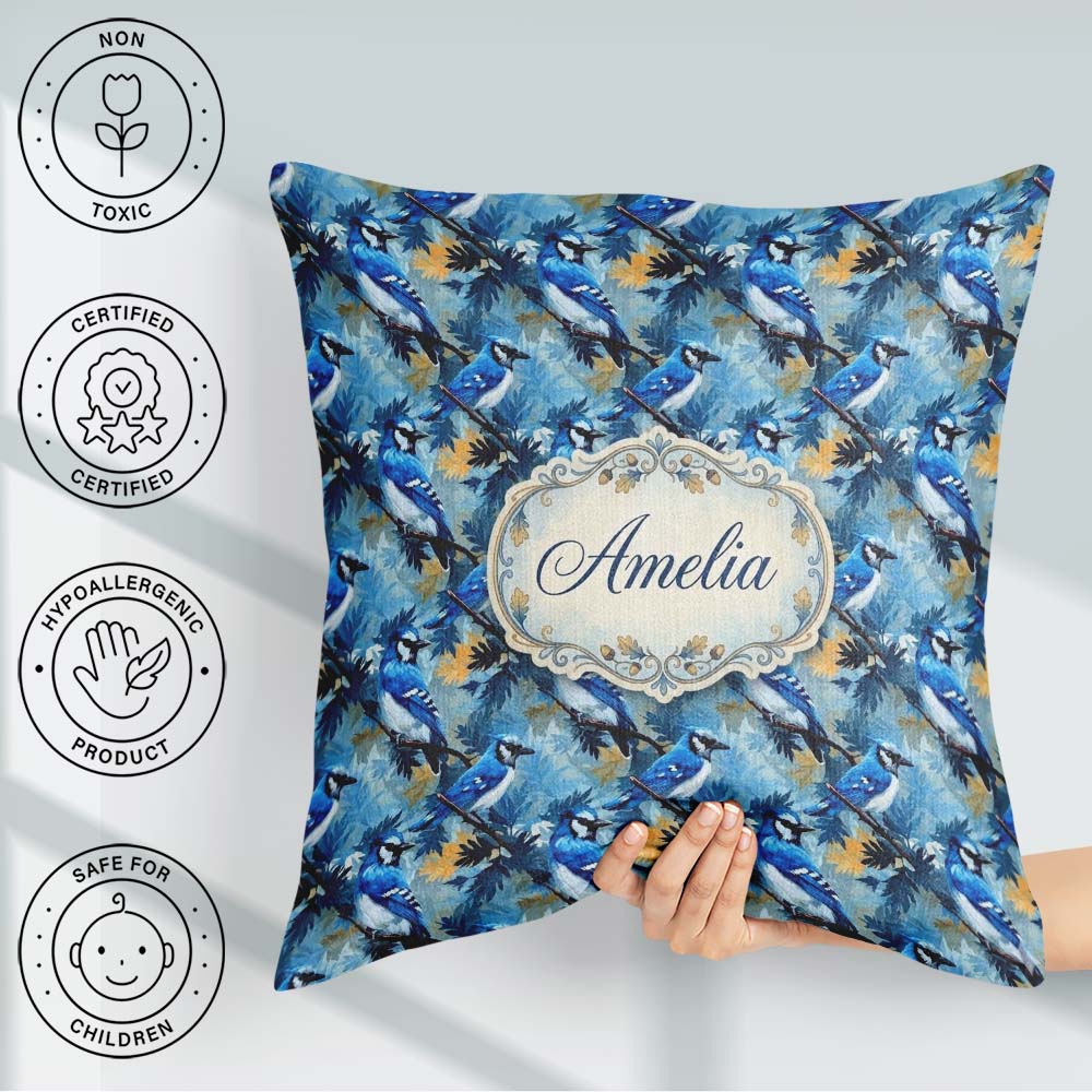 Custom Name Blue Jay Artistic Foliage Painterly Botanical Design Square Filled Cushion Throw Pillow Sofa Bed Home Decor Zip Washable UK Made