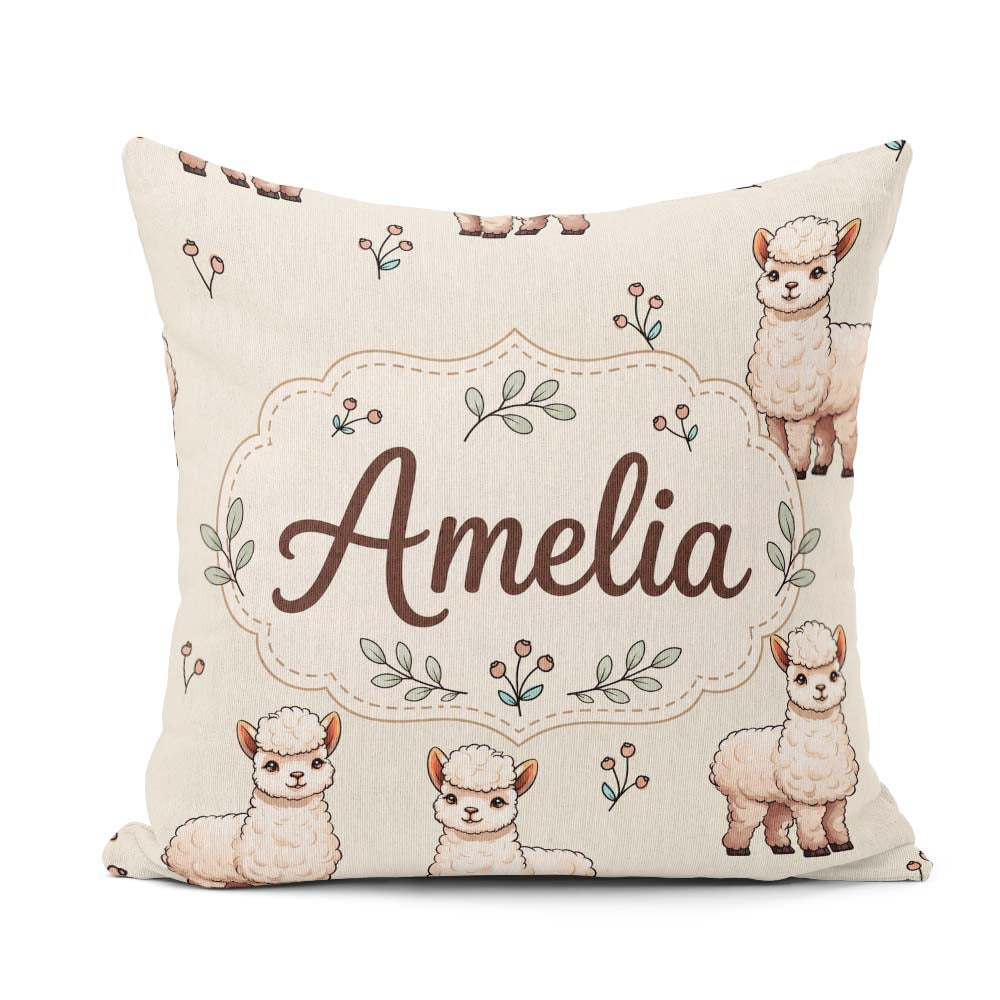 Custom Name Cute Alpaca Llama Farm Animals Floral Seamless Cream Square Filled Cushion Throw Pillow Sofa Bed Home Decor Zip Washable UK Made