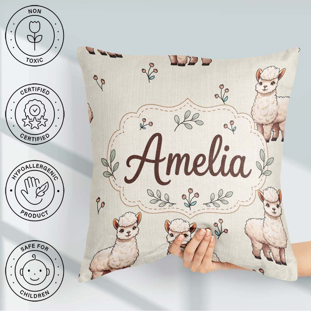 Custom Name Cute Alpaca Llama Farm Animals Floral Seamless Cream Square Filled Cushion Throw Pillow Sofa Bed Home Decor Zip Washable UK Made