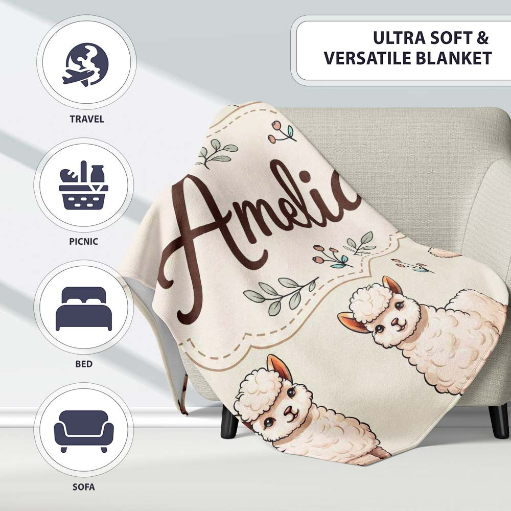 Cute Alpaca Llama Farm Animals Floral Seamless Pattern Cream Lovely Personalised Custom Name Super Soft Fleece Blanket Bed Sofa Throw