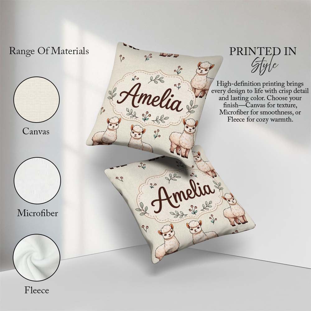 Custom Name Cute Alpaca Llama Farm Animals Floral Seamless Cream Square Filled Cushion Throw Pillow Sofa Bed Home Decor Zip Washable UK Made