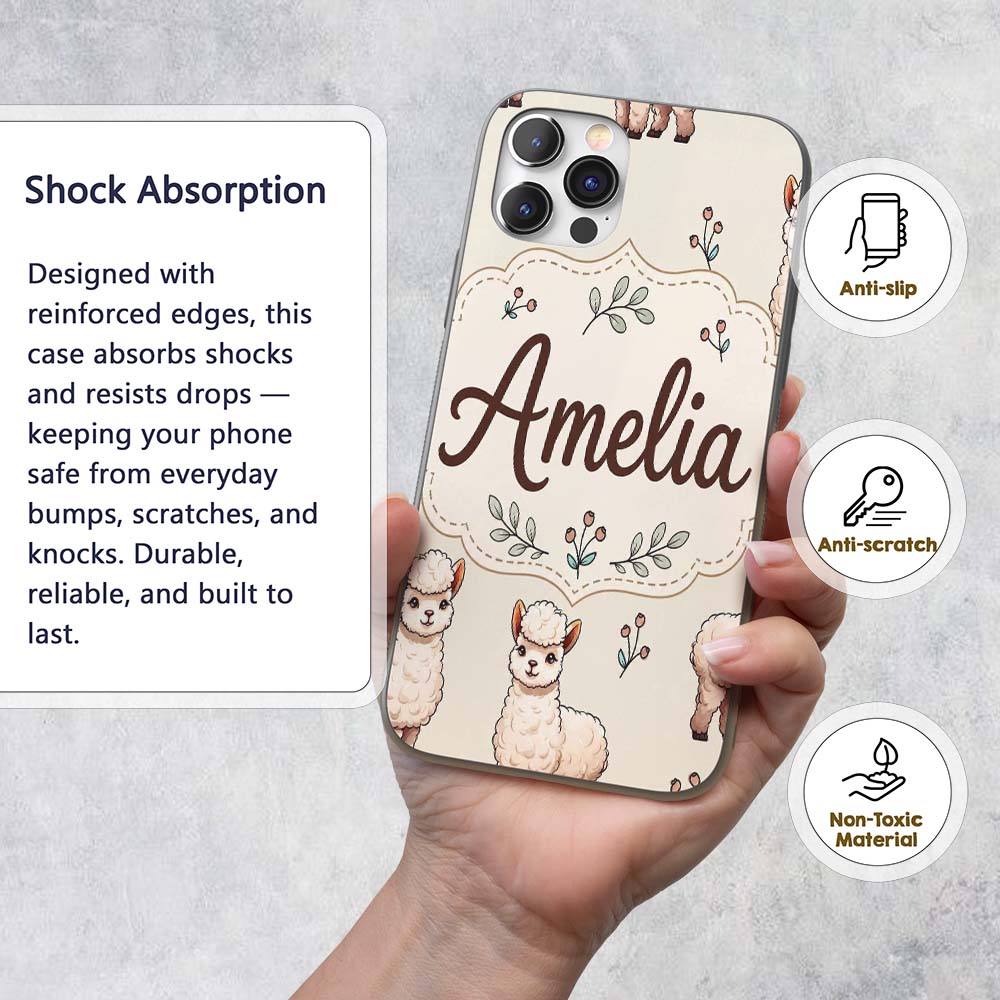 Cute Alpaca Llama Farm Animals Floral Seamless Custom Name Protective Phone Case Mobile Cover Durable Everyday Smartphone Shock Resistant
