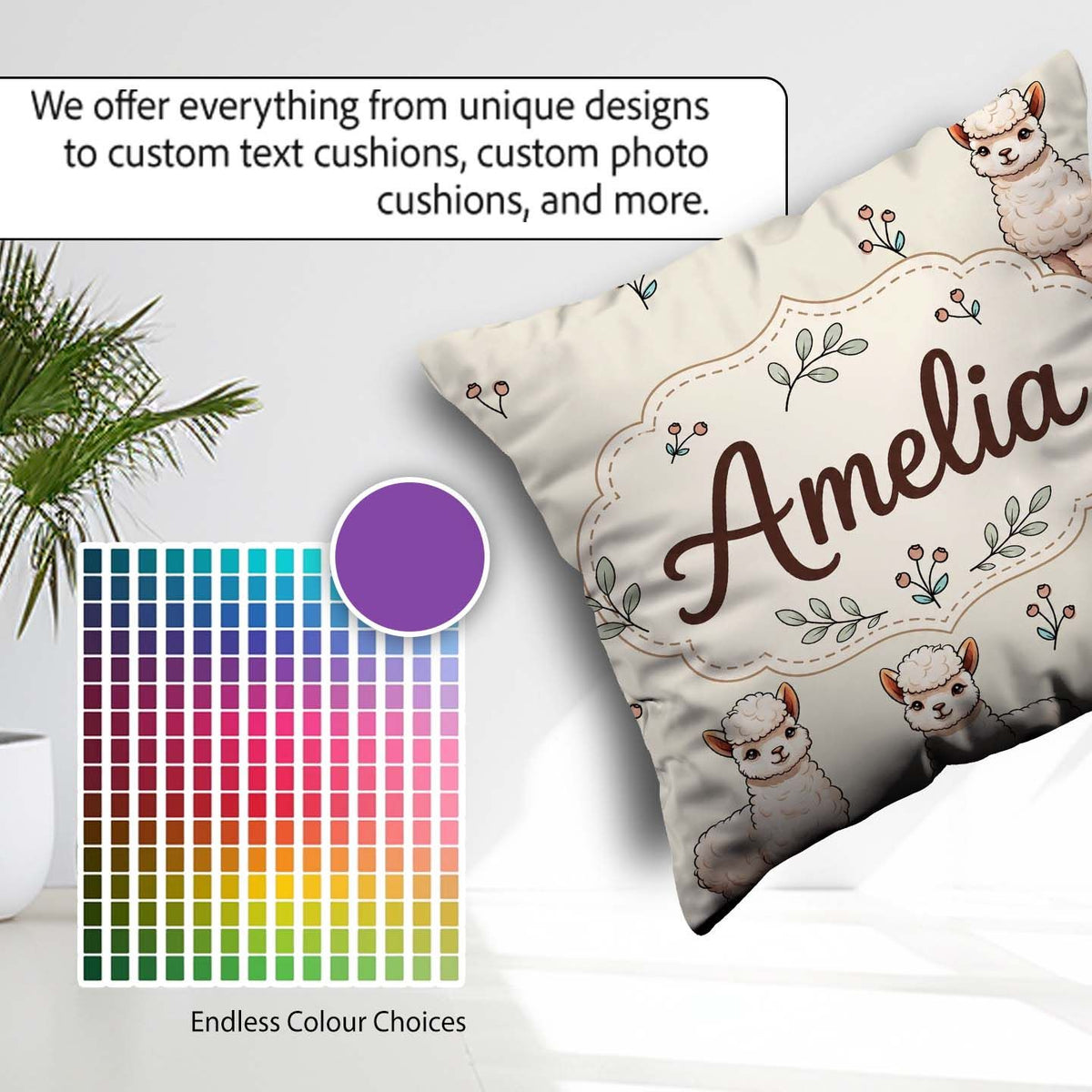 Custom Name Cute Alpaca Llama Farm Animals Floral Seamless Cream Square Filled Cushion Throw Pillow Sofa Bed Home Decor Zip Washable UK Made