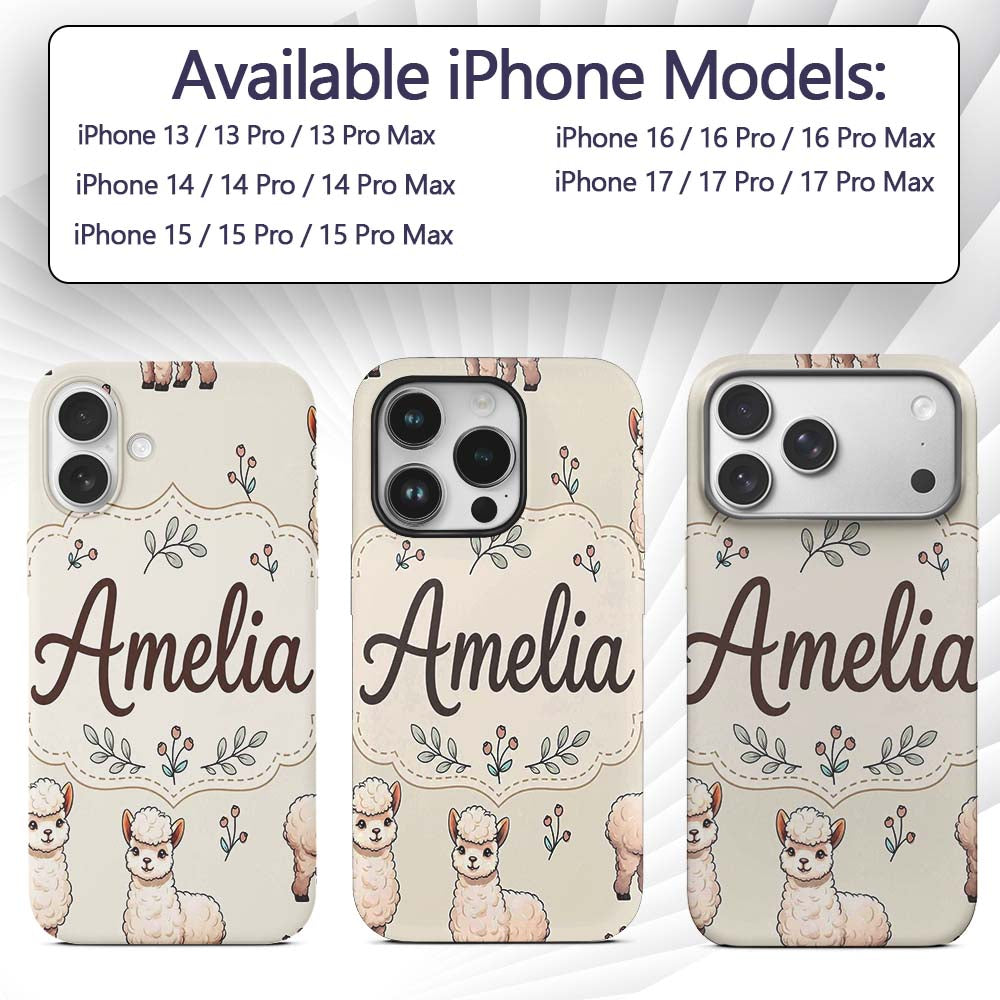 Cute Alpaca Llama Farm Animals Floral Seamless Custom Name Protective Phone Case Mobile Cover Durable Everyday Smartphone Shock Resistant