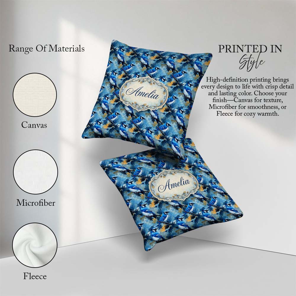 Custom Name Blue Jay Artistic Foliage Painterly Botanical Design Square Filled Cushion Throw Pillow Sofa Bed Home Decor Zip Washable UK Made