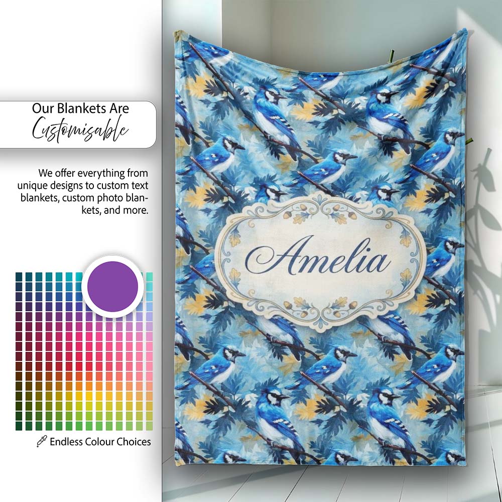Blue Jay Bird Artistic Foliage Painterly Botanical Wildlife Design Personalised Custom Name Super Soft Fleece Blanket Bed Sofa Throw