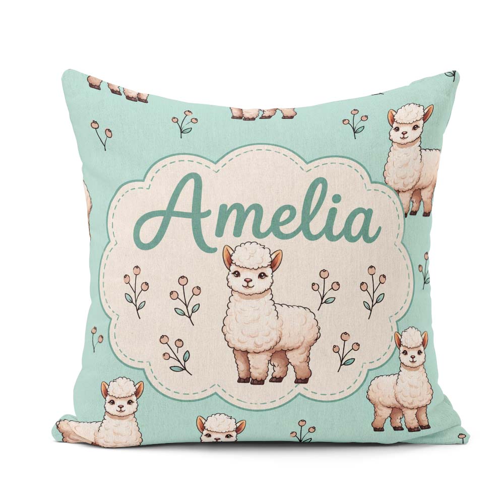 Custom Name Alpaca Llama Farm Animals Floral Seamless Mint Green Square Filled Cushion Throw Pillow Sofa Bed Home Decor Zip Washable UK Made