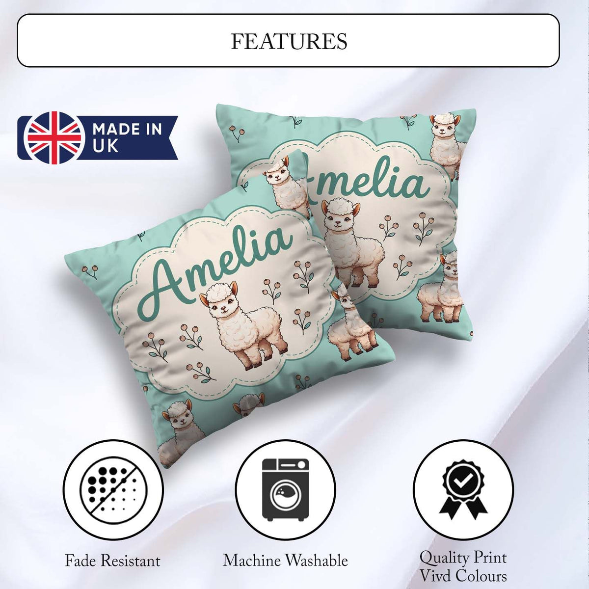 Custom Name Alpaca Llama Farm Animals Floral Seamless Mint Green Square Filled Cushion Throw Pillow Sofa Bed Home Decor Zip Washable UK Made