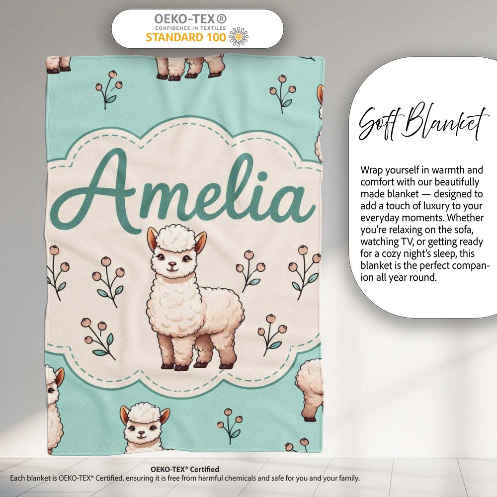 Cute Alpaca Llama Farm Animals Floral Seamless Pattern Mint Green Personalised Custom Name Super Soft Fleece Blanket Bed Sofa Throw