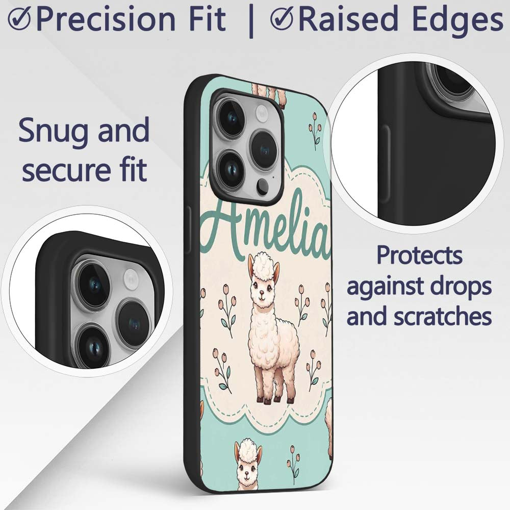 Cute Alpaca Llama Farm Animals Floral Seamless Custom Name Protective Phone Case Mobile Cover Durable Everyday Smartphone Shock Resistant