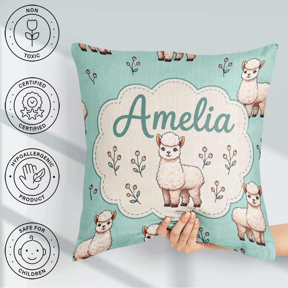 Custom Name Alpaca Llama Farm Animals Floral Seamless Mint Green Square Filled Cushion Throw Pillow Sofa Bed Home Decor Zip Washable UK Made