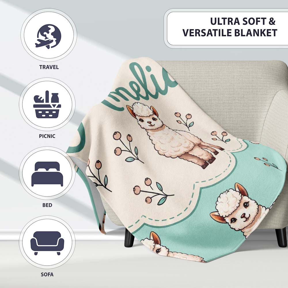 Cute Alpaca Llama Farm Animals Floral Seamless Pattern Mint Green Personalised Custom Name Super Soft Fleece Blanket Bed Sofa Throw