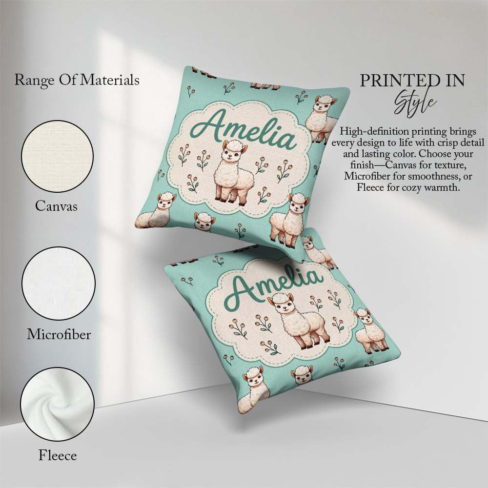Custom Name Alpaca Llama Farm Animals Floral Seamless Mint Green Square Filled Cushion Throw Pillow Sofa Bed Home Decor Zip Washable UK Made
