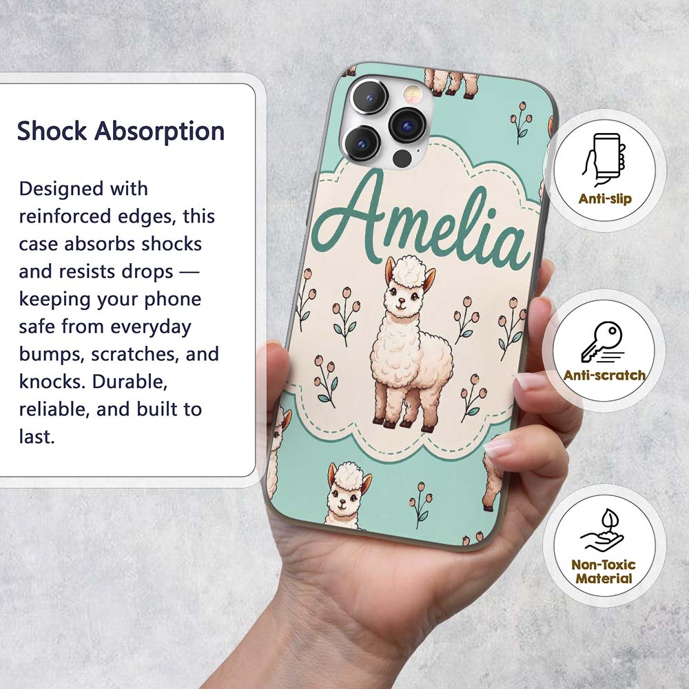 Cute Alpaca Llama Farm Animals Floral Seamless Custom Name Protective Phone Case Mobile Cover Durable Everyday Smartphone Shock Resistant