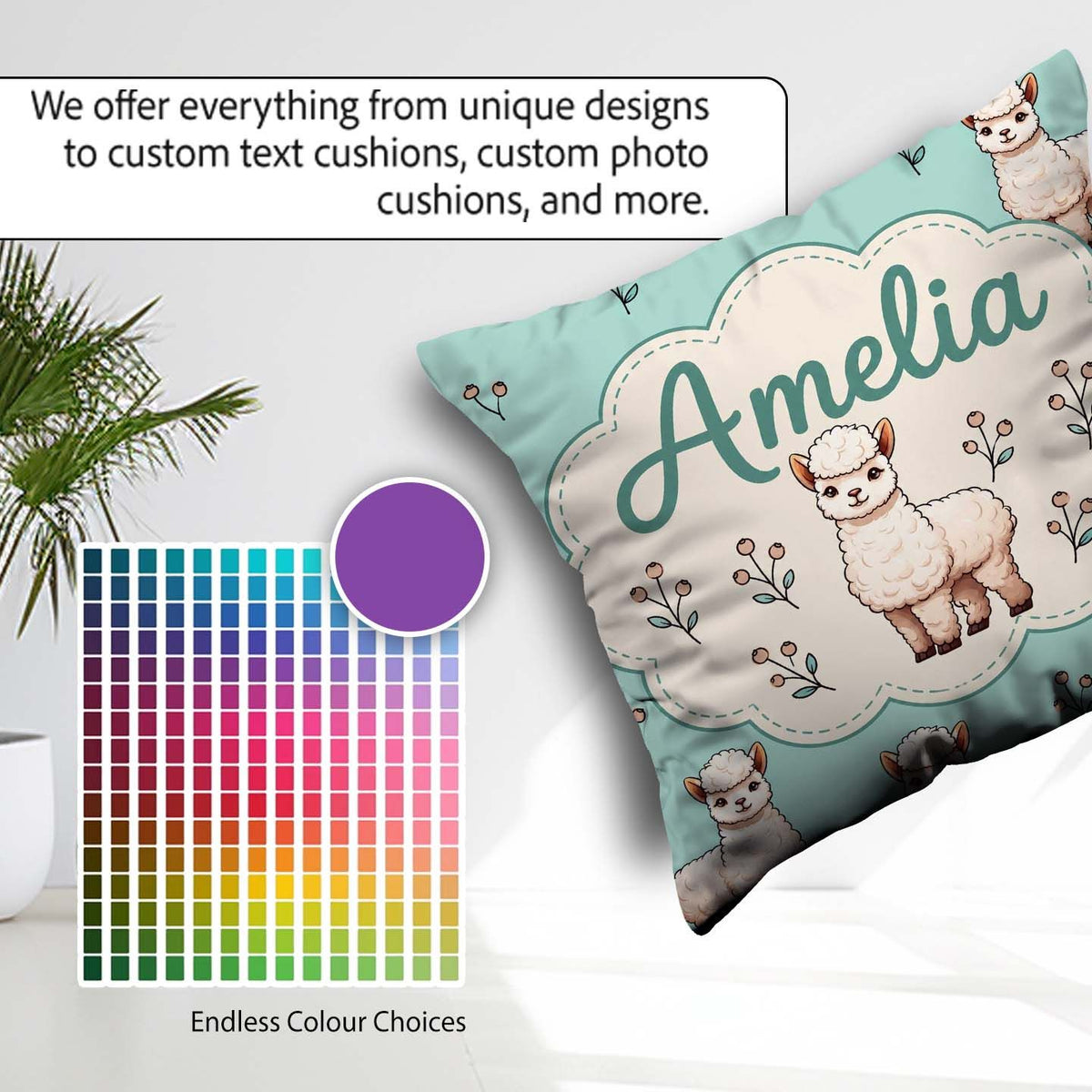 Custom Name Alpaca Llama Farm Animals Floral Seamless Mint Green Square Filled Cushion Throw Pillow Sofa Bed Home Decor Zip Washable UK Made
