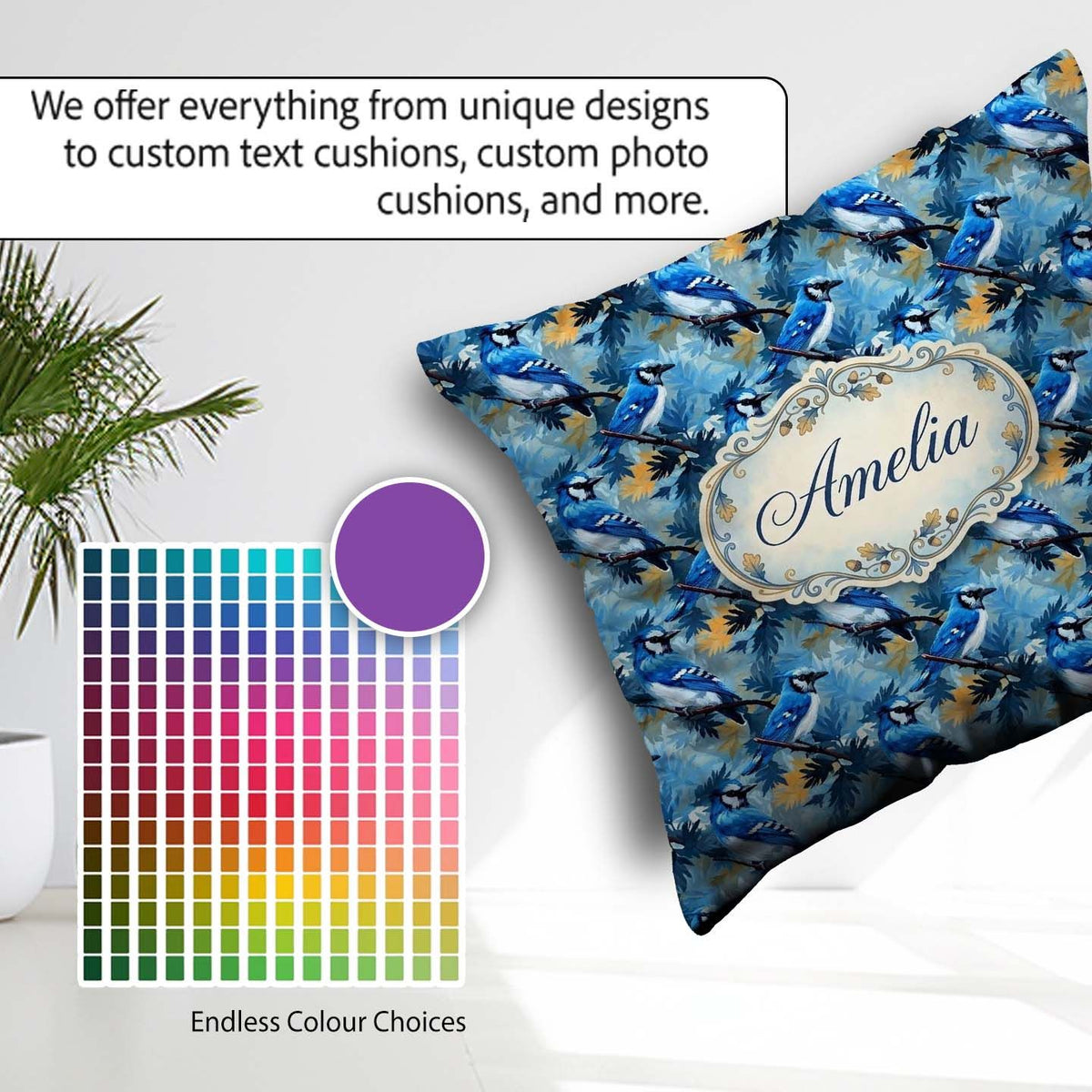Custom Name Blue Jay Artistic Foliage Painterly Botanical Design Square Filled Cushion Throw Pillow Sofa Bed Home Decor Zip Washable UK Made