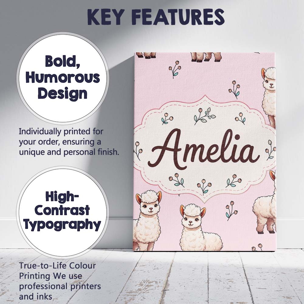 Personalised Name Cute Alpaca Llama Farm Custom Unique Gift Idea Elegant Feature Canvas Wall Art Print Decor Picture Ready to Hang