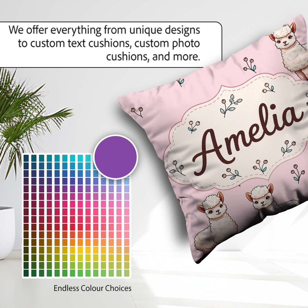 Custom Name Alpaca Llama Farm Animals Floral Seamless Blush Pink Square Filled Cushion Throw Pillow Sofa Bed Home Decor Zip Washable UK Made
