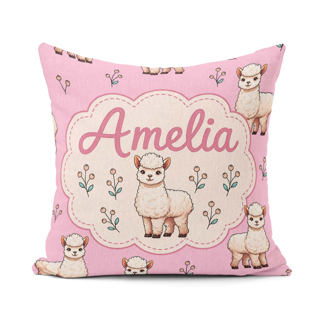 Custom Name Alpaca Llama Farm Animals Seamless Pattern Soft Pink Square Filled Cushion Throw Pillow Sofa Bed Home Decor Zip Washable UK Made