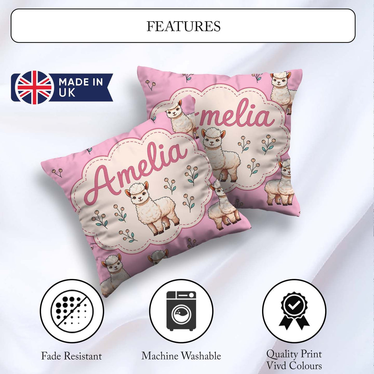Custom Name Alpaca Llama Farm Animals Seamless Pattern Soft Pink Square Filled Cushion Throw Pillow Sofa Bed Home Decor Zip Washable UK Made
