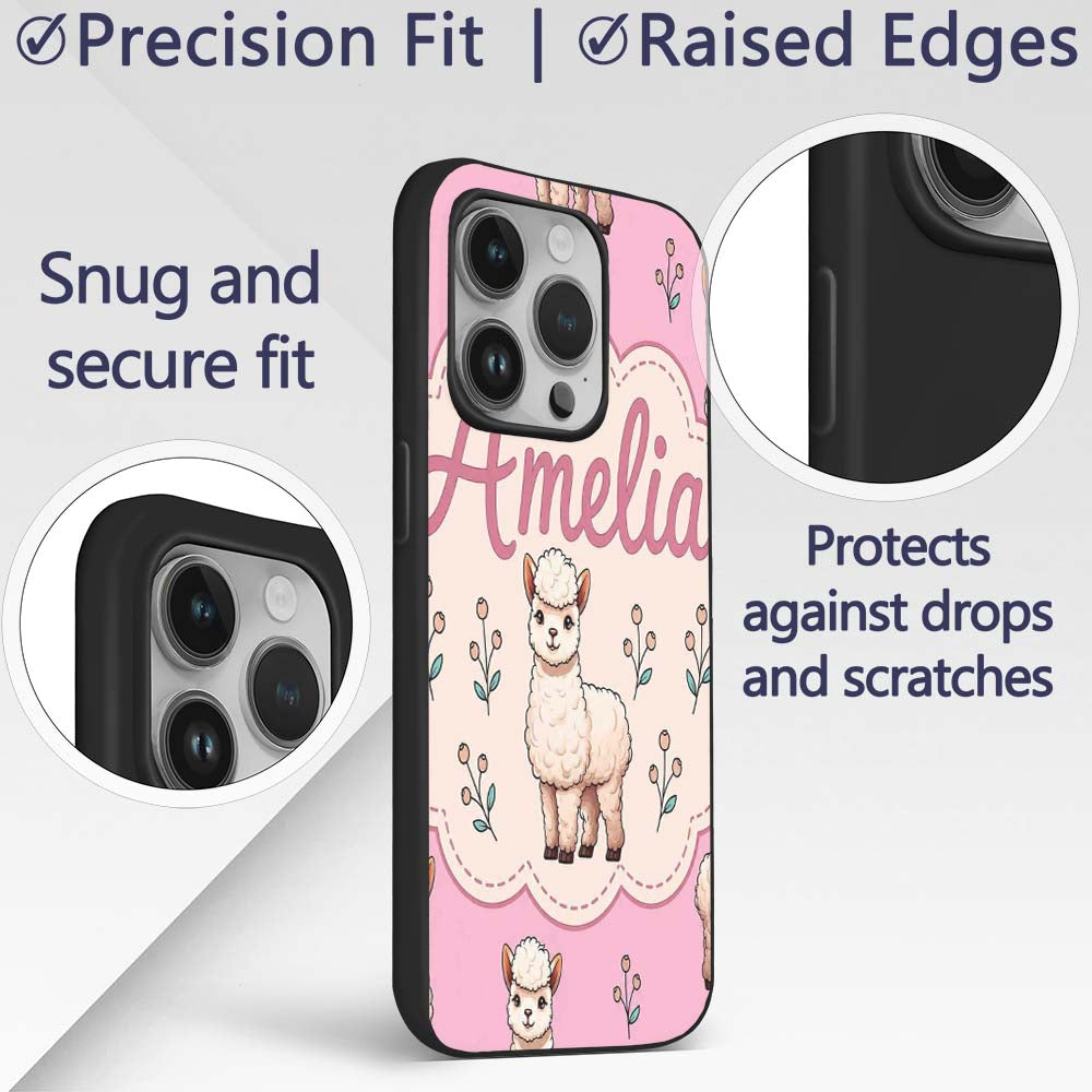 Cute Alpaca Llama Farm Animals Floral Seamless Custom Name Protective Phone Case Mobile Cover Durable Everyday Smartphone Shock Resistant