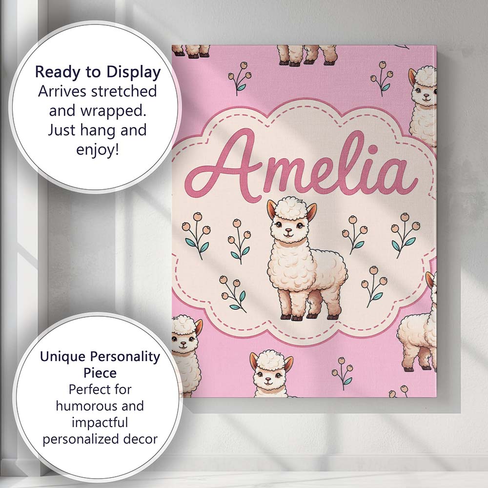 Personalised Name Cute Alpaca Llama Farm Custom Unique Gift Idea Elegant Feature Canvas Wall Art Print Decor Picture Ready to Hang