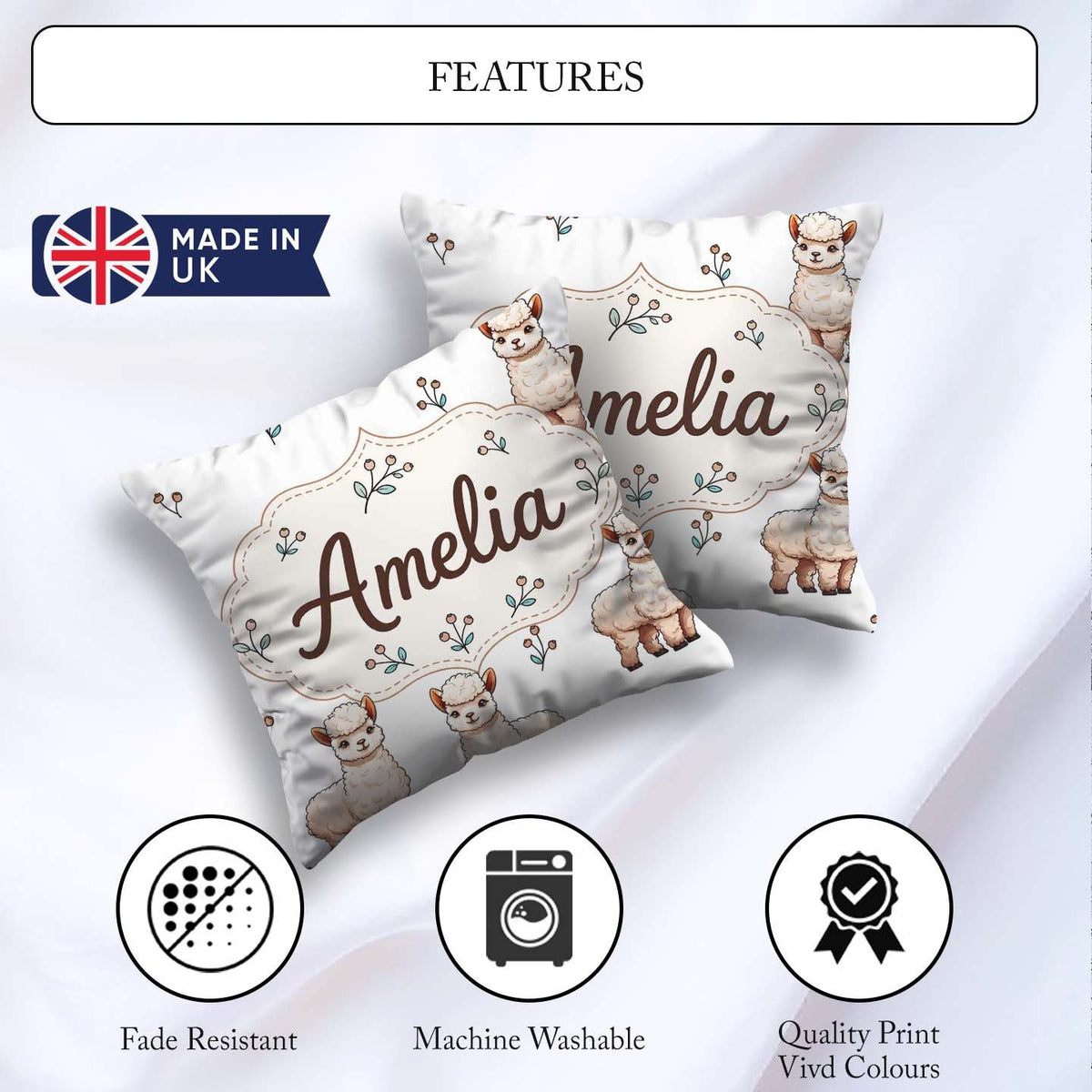 Custom Name Alpaca Llama Farm Animals Floral Seamless Light Grey Square Filled Cushion Throw Pillow Sofa Bed Home Decor Zip Washable UK Made