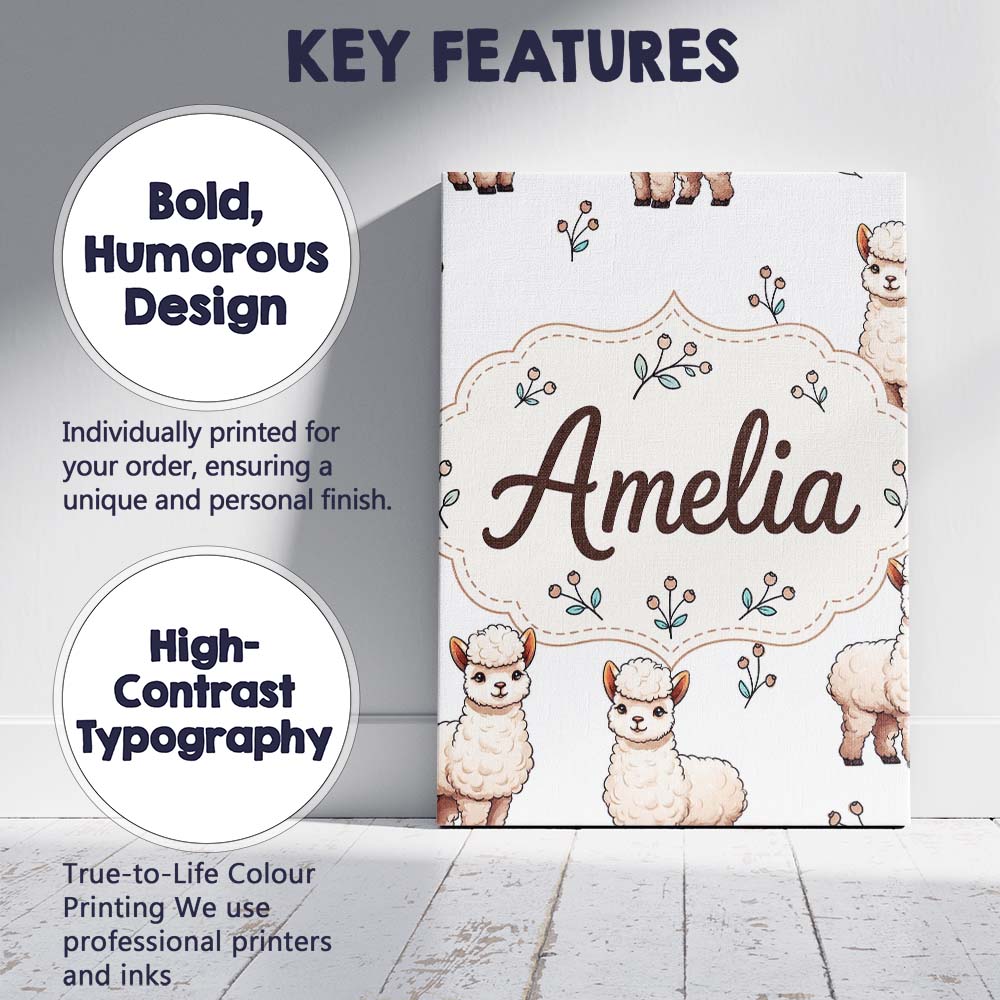 Personalised Name Cute Alpaca Llama Farm Custom Unique Gift Idea Elegant Feature Canvas Wall Art Print Decor Picture Ready to Hang