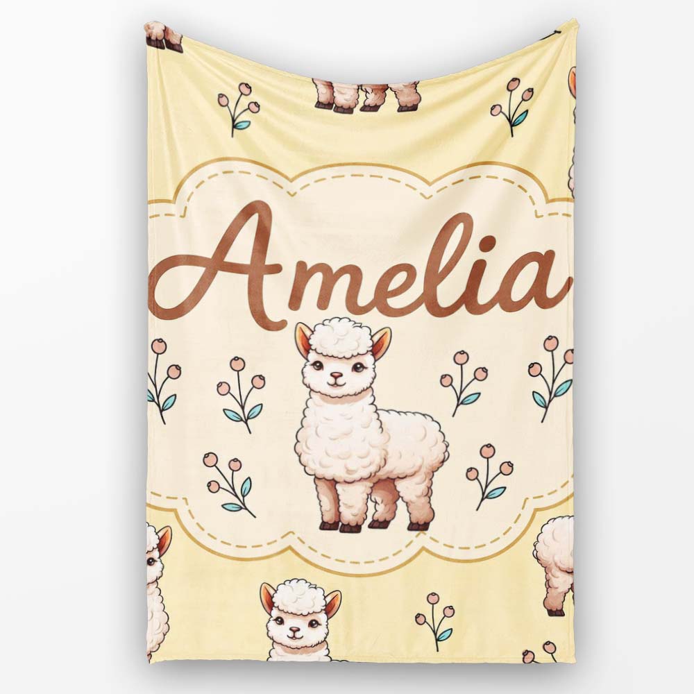 Cute Alpaca Llama Farm Animals Floral Seamless Pattern Warm Beige Personalised Custom Name Super Soft Fleece Blanket Bed Sofa Throw