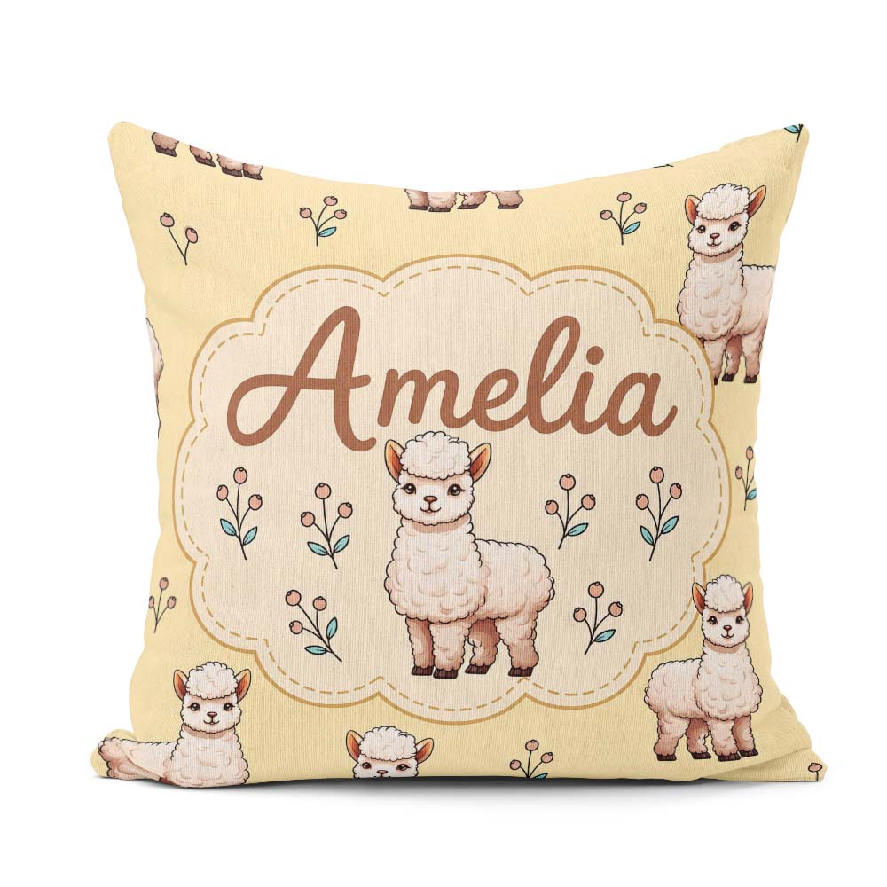 Custom Name Alpaca Llama Farm Animals Floral Seamless Warm Beige Square Filled Cushion Throw Pillow Sofa Bed Home Decor Zip Washable UK Made