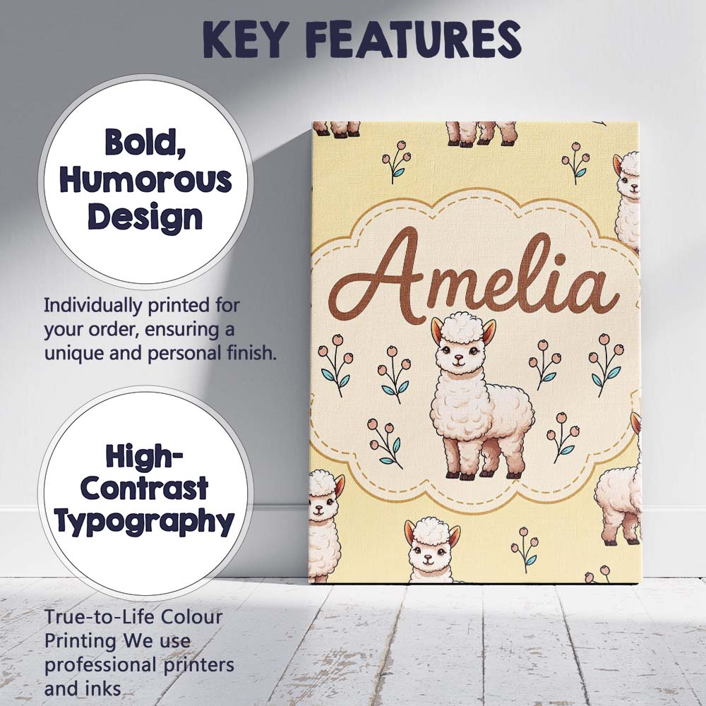 Personalised Name Cute Alpaca Llama Farm Custom Unique Gift Idea Elegant Feature Canvas Wall Art Print Decor Picture Ready to Hang