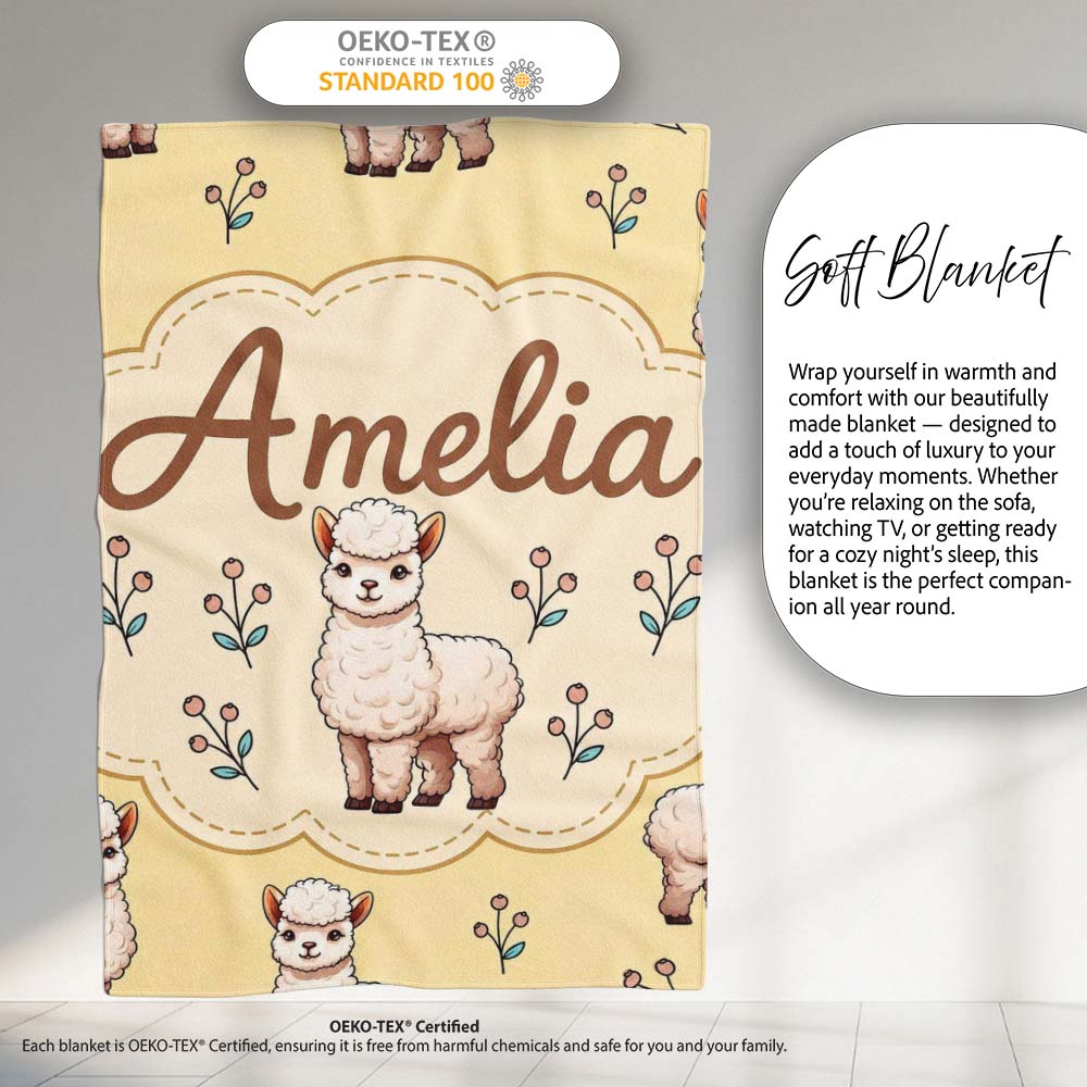 Cute Alpaca Llama Farm Animals Floral Seamless Pattern Warm Beige Personalised Custom Name Super Soft Fleece Blanket Bed Sofa Throw