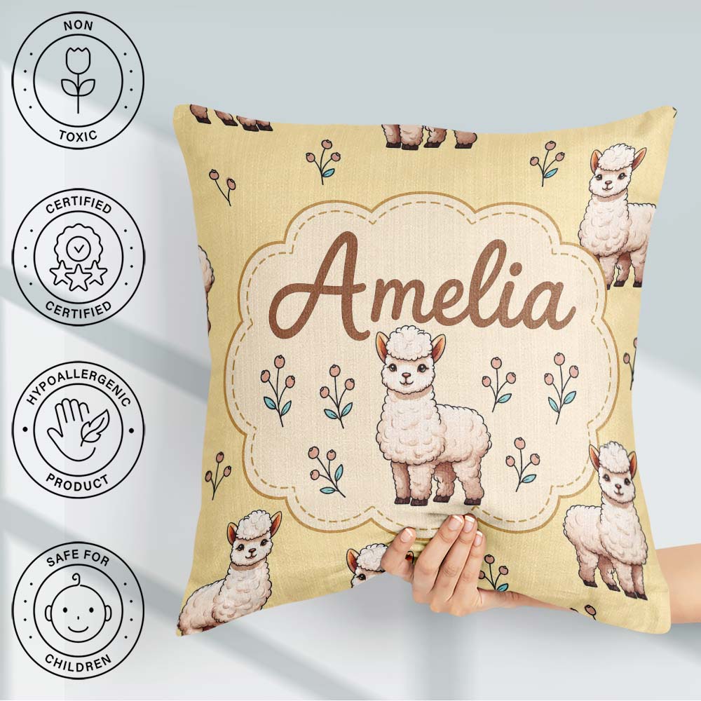 Custom Name Alpaca Llama Farm Animals Floral Seamless Warm Beige Square Filled Cushion Throw Pillow Sofa Bed Home Decor Zip Washable UK Made