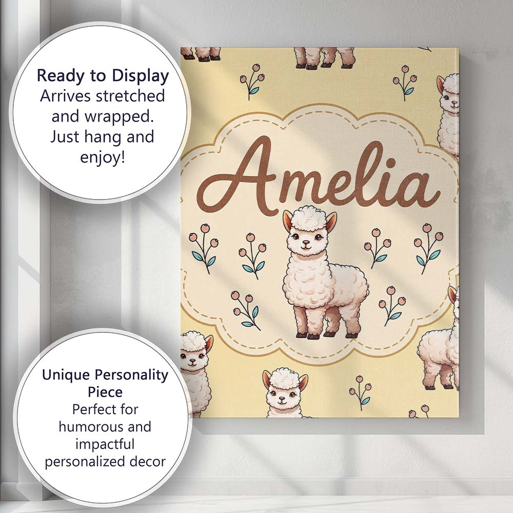 Personalised Name Cute Alpaca Llama Farm Custom Unique Gift Idea Elegant Feature Canvas Wall Art Print Decor Picture Ready to Hang