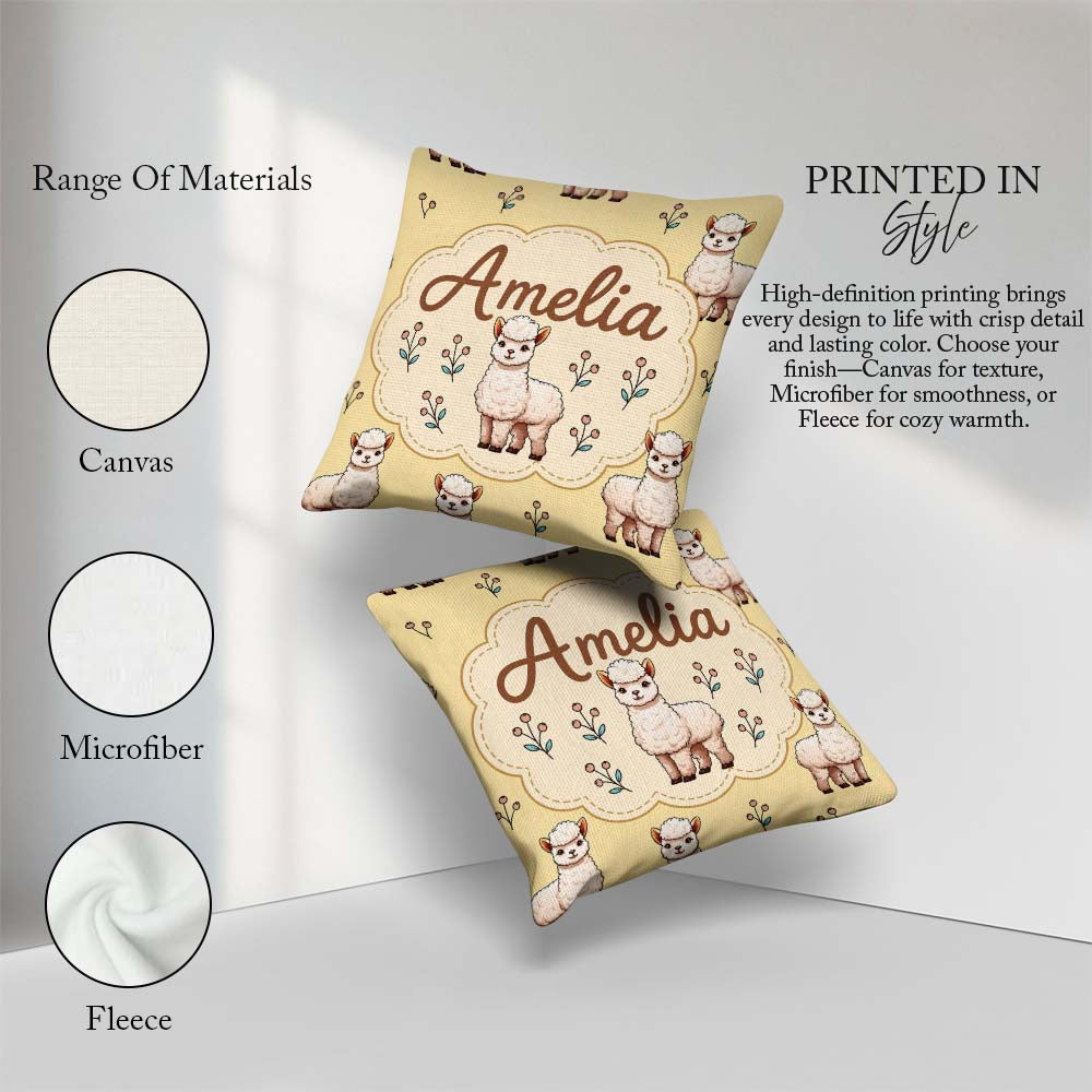 Custom Name Alpaca Llama Farm Animals Floral Seamless Warm Beige Square Filled Cushion Throw Pillow Sofa Bed Home Decor Zip Washable UK Made