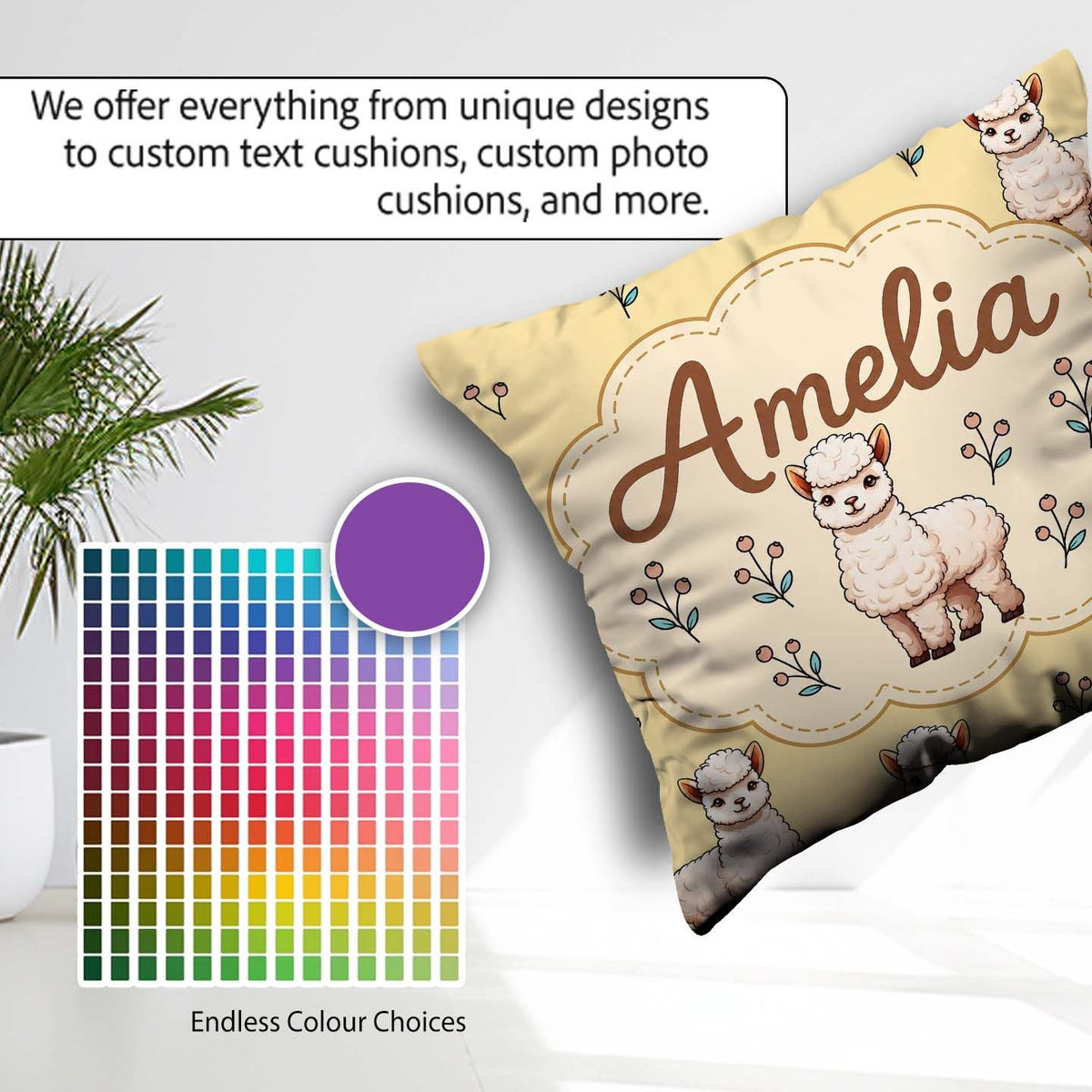 Custom Name Alpaca Llama Farm Animals Floral Seamless Warm Beige Square Filled Cushion Throw Pillow Sofa Bed Home Decor Zip Washable UK Made
