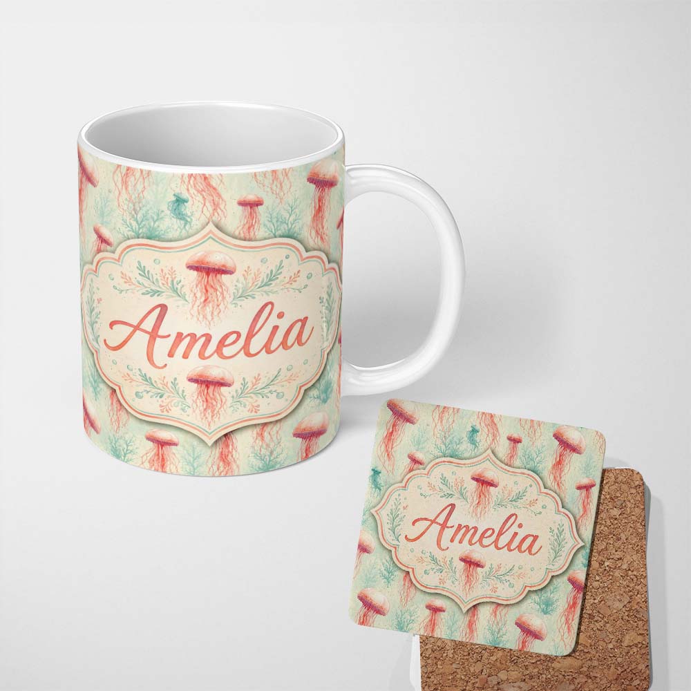 Personalized Custom Name Cute Orange Jellyfish Cartoon Pattern on Deep Sea Background Lovely 11oz Ceramic Coffee Tea Mug White Large Handle