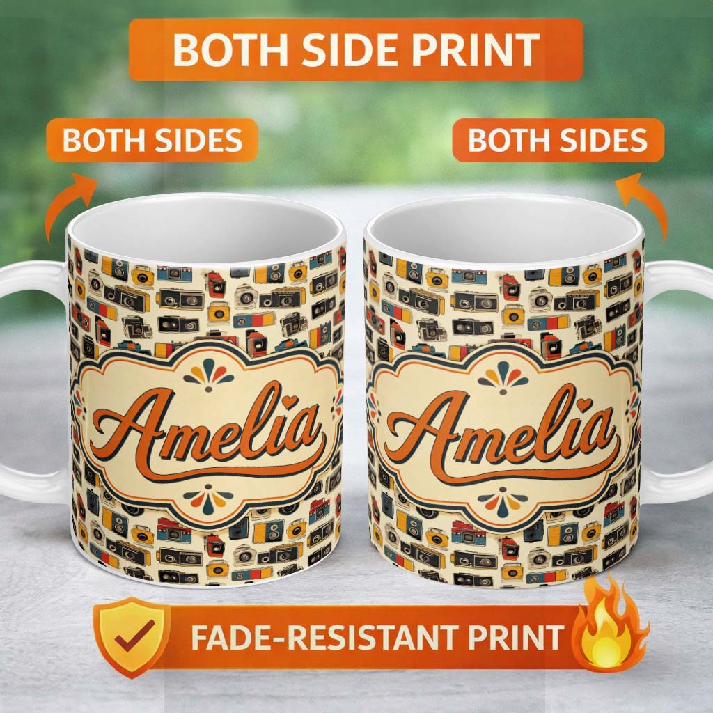 Personalized Custom Name Minimal Retro Camera Tossed Seamless Pattern Neutral Cream Lovely 11oz Ceramic Coffee Tea Mug White Large Handle