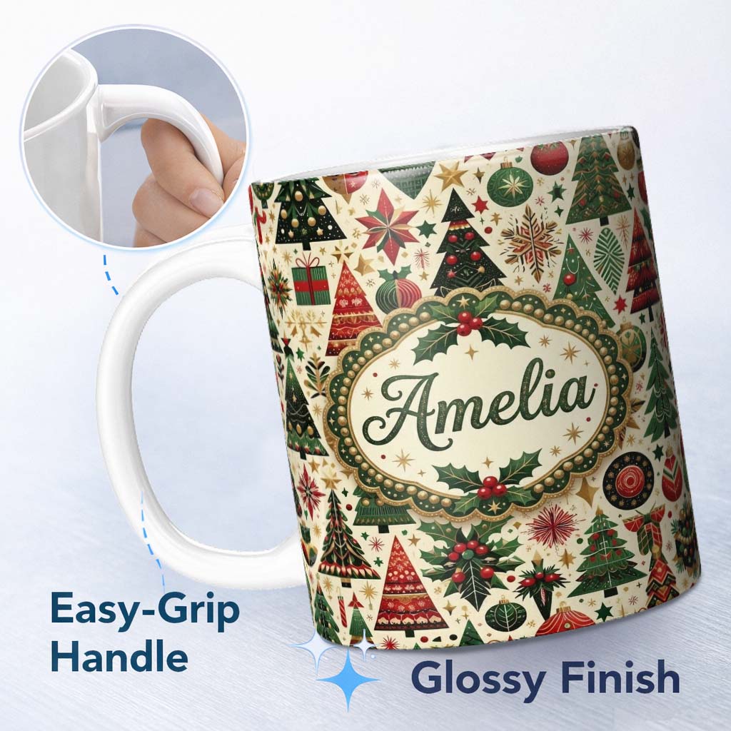 Personalized Custom Name Luxury Christmas Tree Ornament Star Bauble Festive Seamless Pattern 11oz Ceramic Coffee Tea Mug White Large Handle