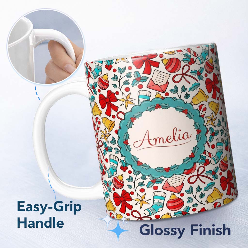 Personalized Custom Name Holiday Bells Bows Stockings Candy Cane Christmas Seamless Pattern 11oz Ceramic Coffee Tea Mug White Large Handle