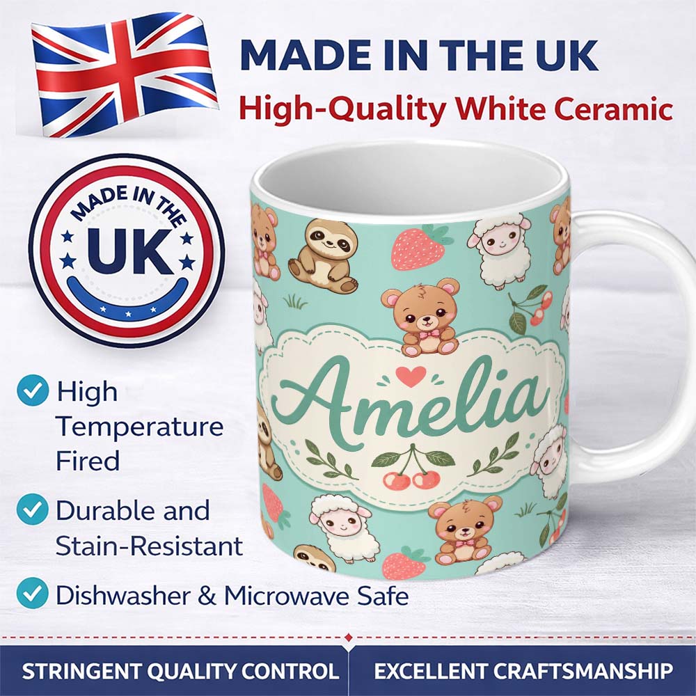 Personalized Custom Name Cute Cute Baby Animals Bear Sheep Sloth Strawberry Cherry Mint 11oz Ceramic Coffee Tea Mug White Large Handle