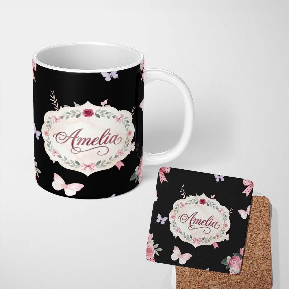 Personalized Custom Name Watercolor Pink Roses Bow Butterfly Elegant Seamless Pattern Lovely 11oz Ceramic Coffee Tea Mug White Large Handle