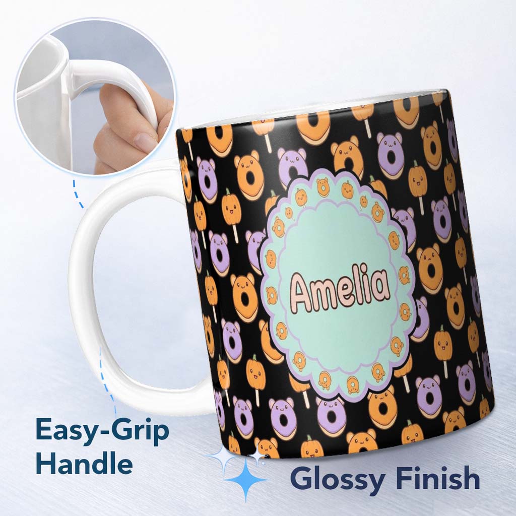 Personalized Custom Name Cute Kawaii Donuts Pumpkin Lollipop Seamless Pattern Light Grey 11oz Ceramic Coffee Tea Mug White Large Handle